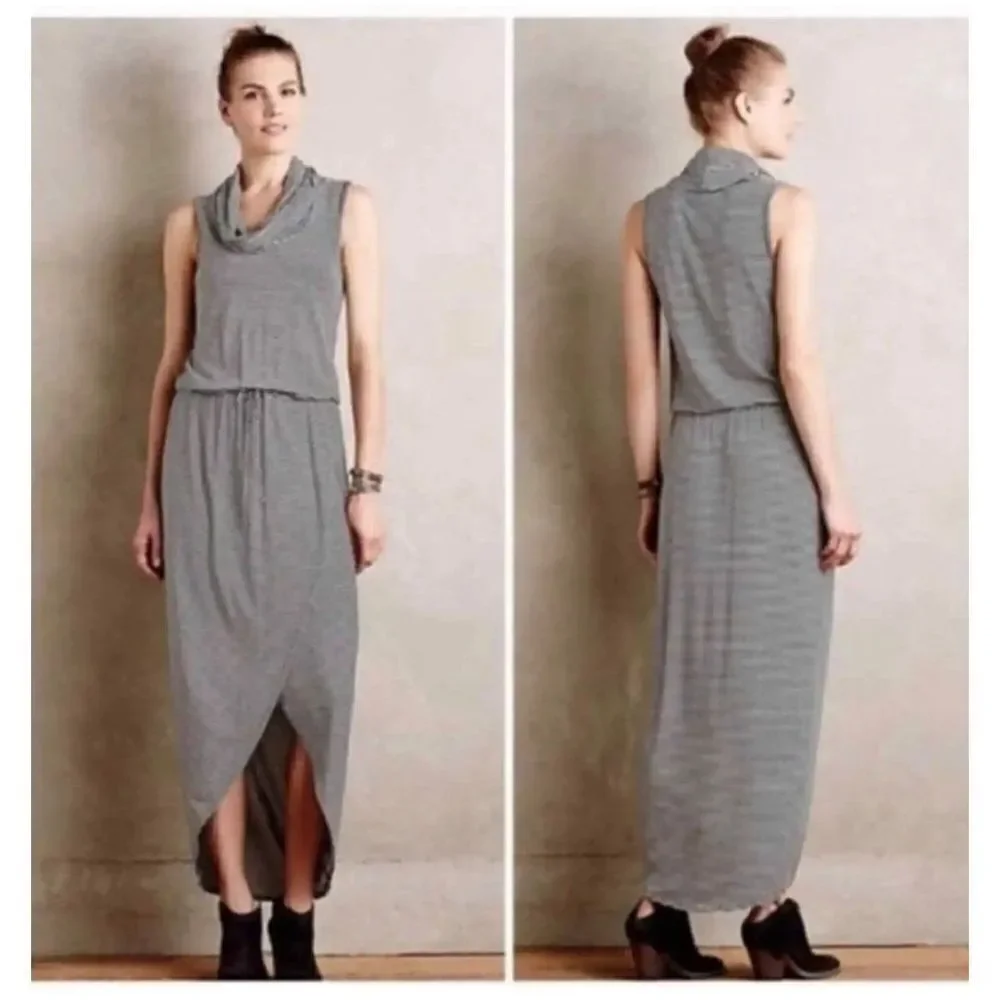 Dolan Left Coast Dress Black White Stripe Knit Cowlknit Midi cowl neck Sleeveles